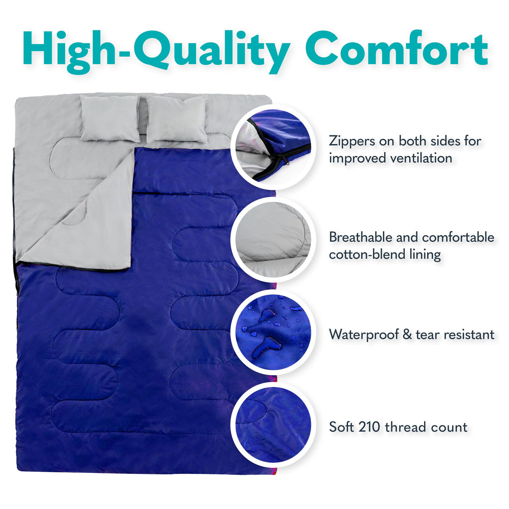 Sleepingo queen-size convertible bags shown transforming into two singles for flexibility.