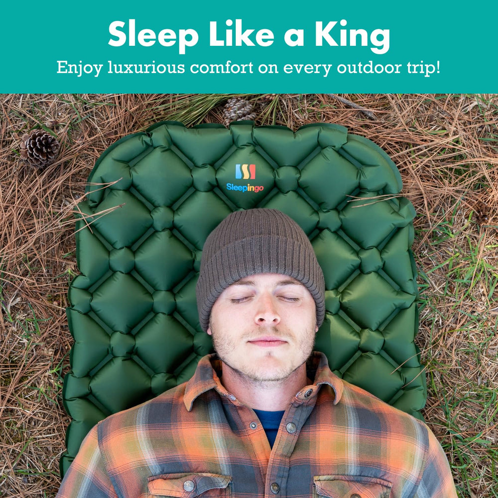 Sleepingo sleeping pad offers full-body coverage at 74x22 inches for camping comfort.