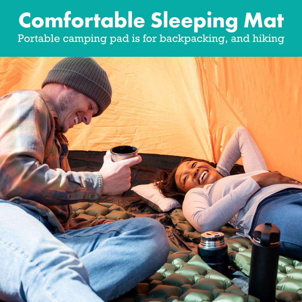Sleepingo ultralight sleeping pad inflated on rugged ground for full-body comfort.
