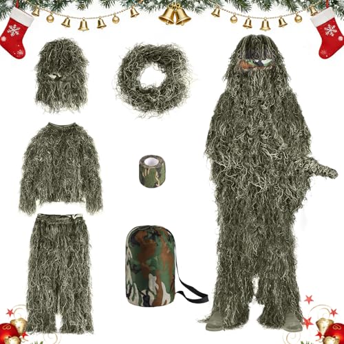 Slendor 6 in 1 ghillie hood blends with forest treetops for stealth.
