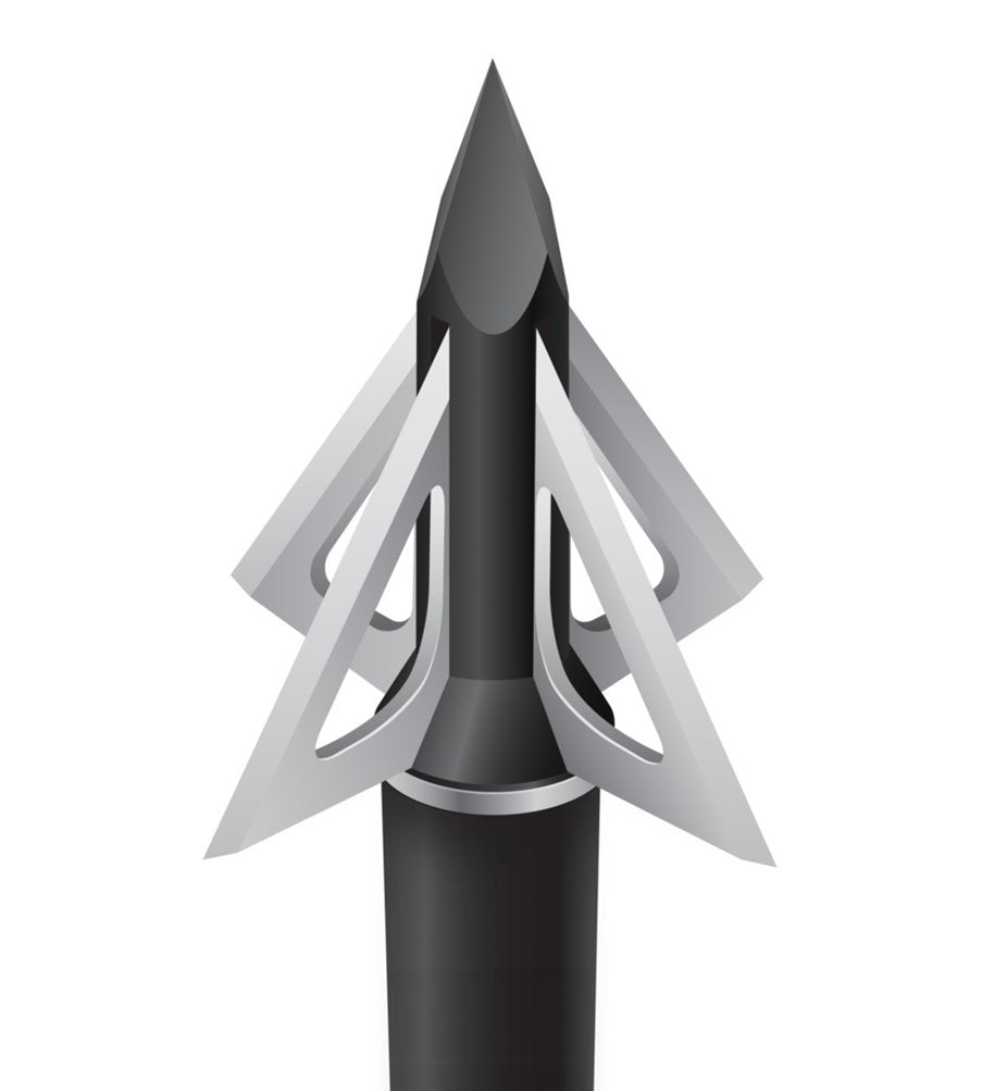 Slick Trick broadhead closeup with four blades and rugged ferrule for deep penetration