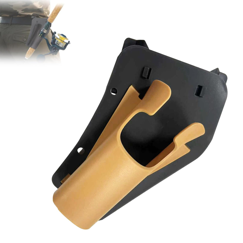 Brown slide-in fishing rod hip holder attached to a waist belt