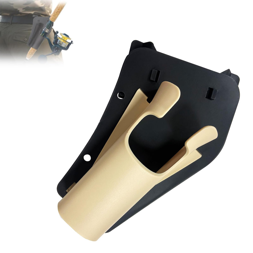 Grey slide-in fishing rod hip holder mounted on waist belt for hands-free fishing