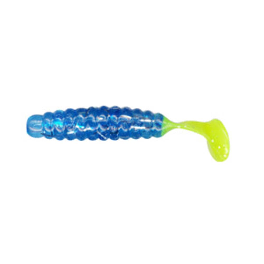 Slider Crappie Grub green-yellow laminate finish enhances visibility and attracts fish.