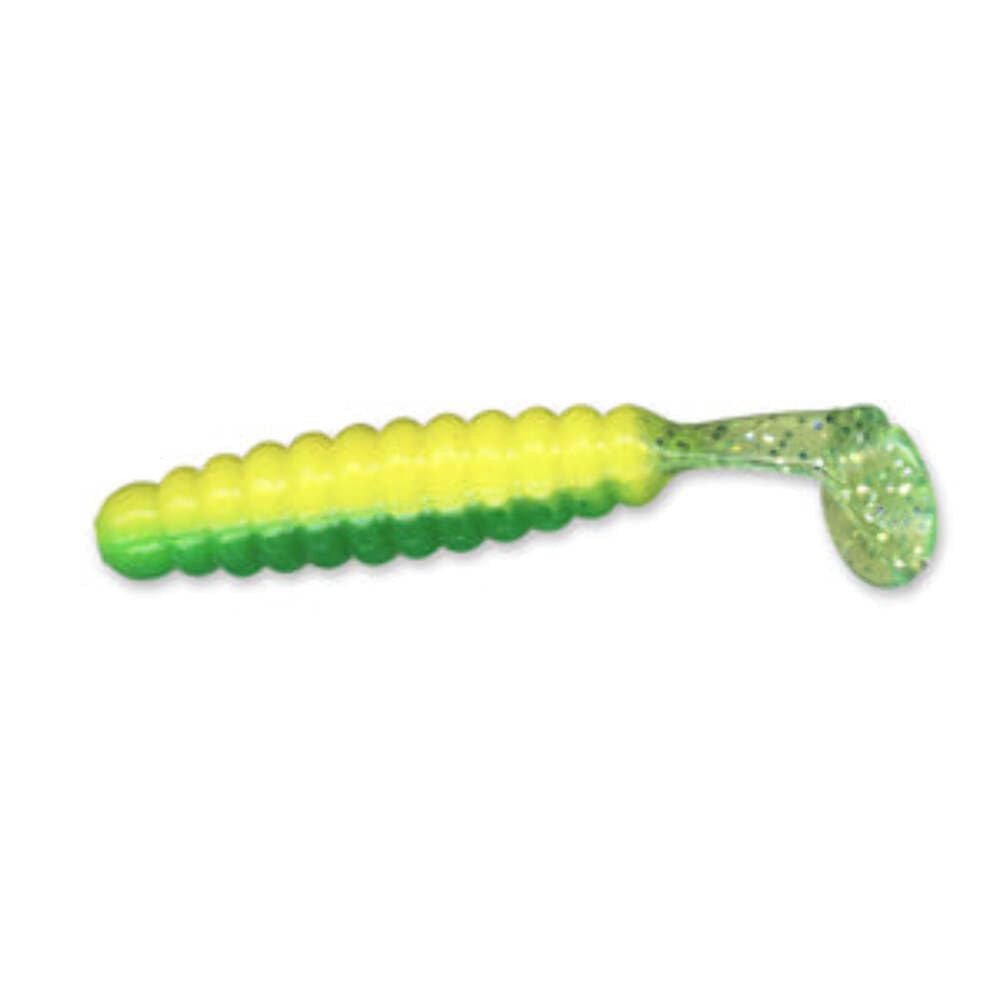 Slider Crappie Grub vibra-tail in action boosts lure movement for crappie and panfish during casting.