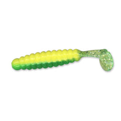 Slider Crappie Grub vibra-tail in action boosts lure movement for crappie and panfish during casting.