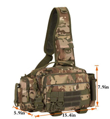 Front view of camouflage sling bag showing MOLLE webbing