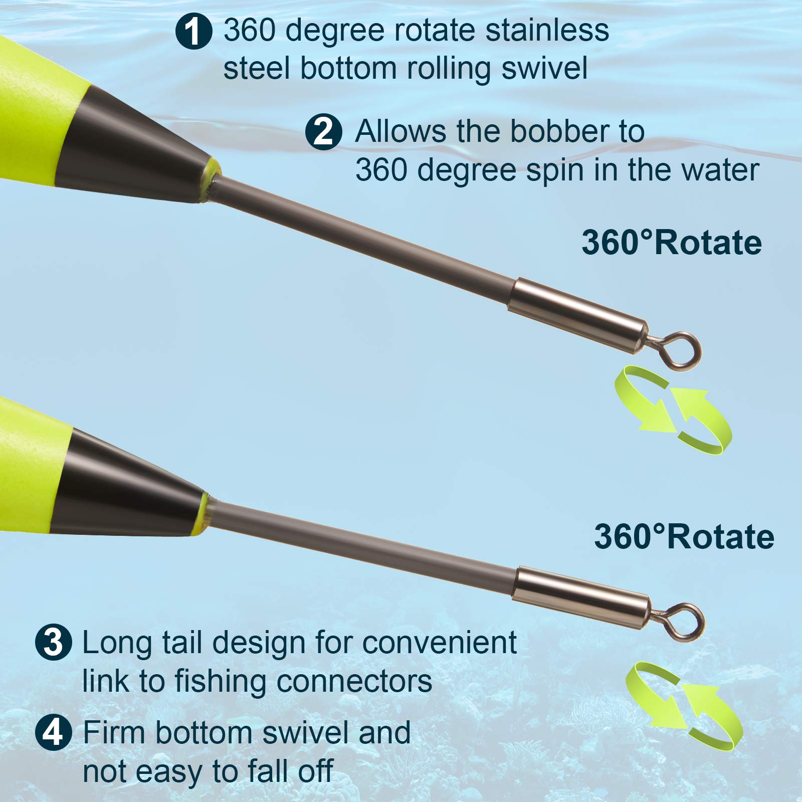 Slip floats with glowing tubes and a 360-degree swivel