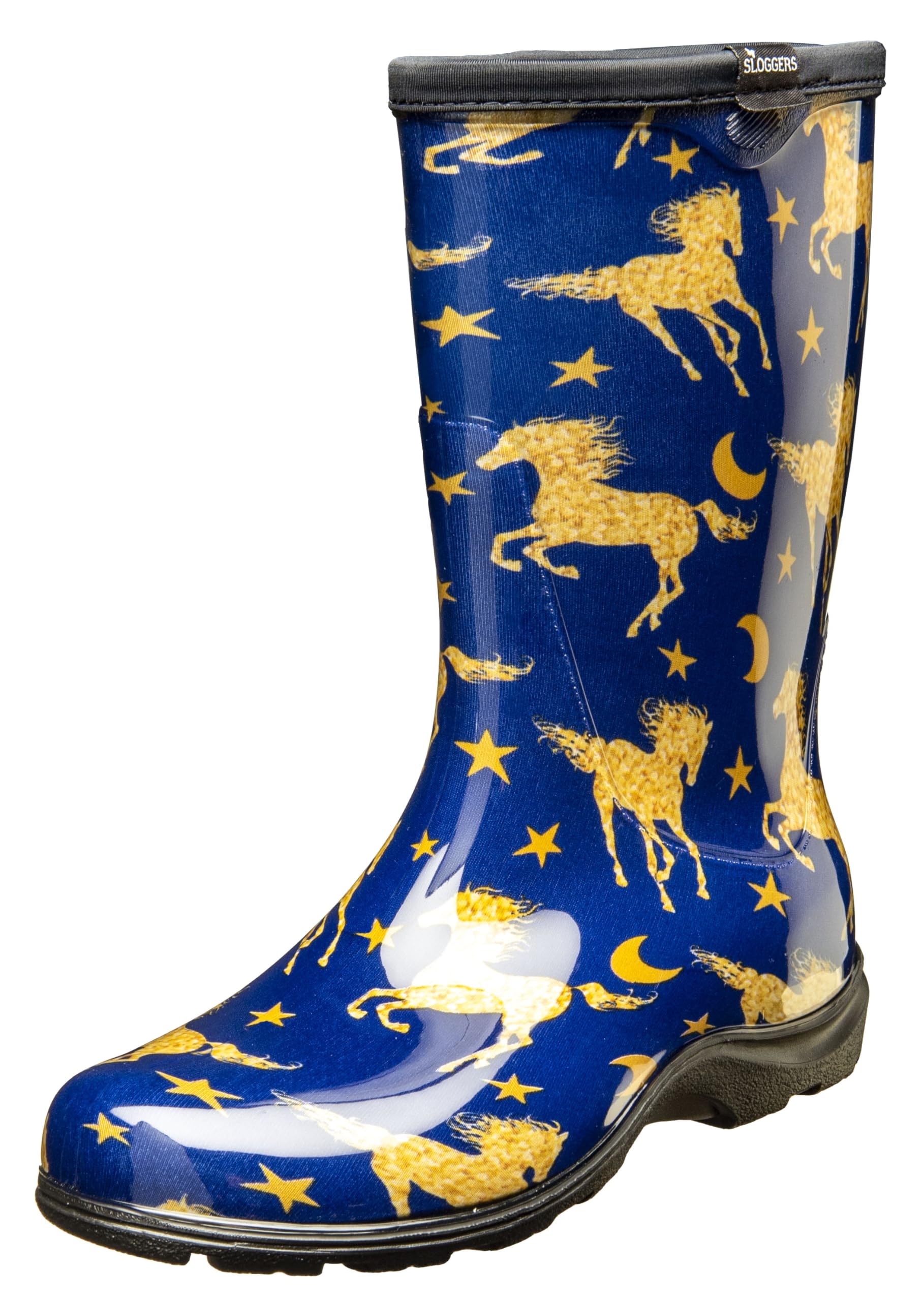 Sloggers Horse Stars Blue boot front view showing waterproof garden protection