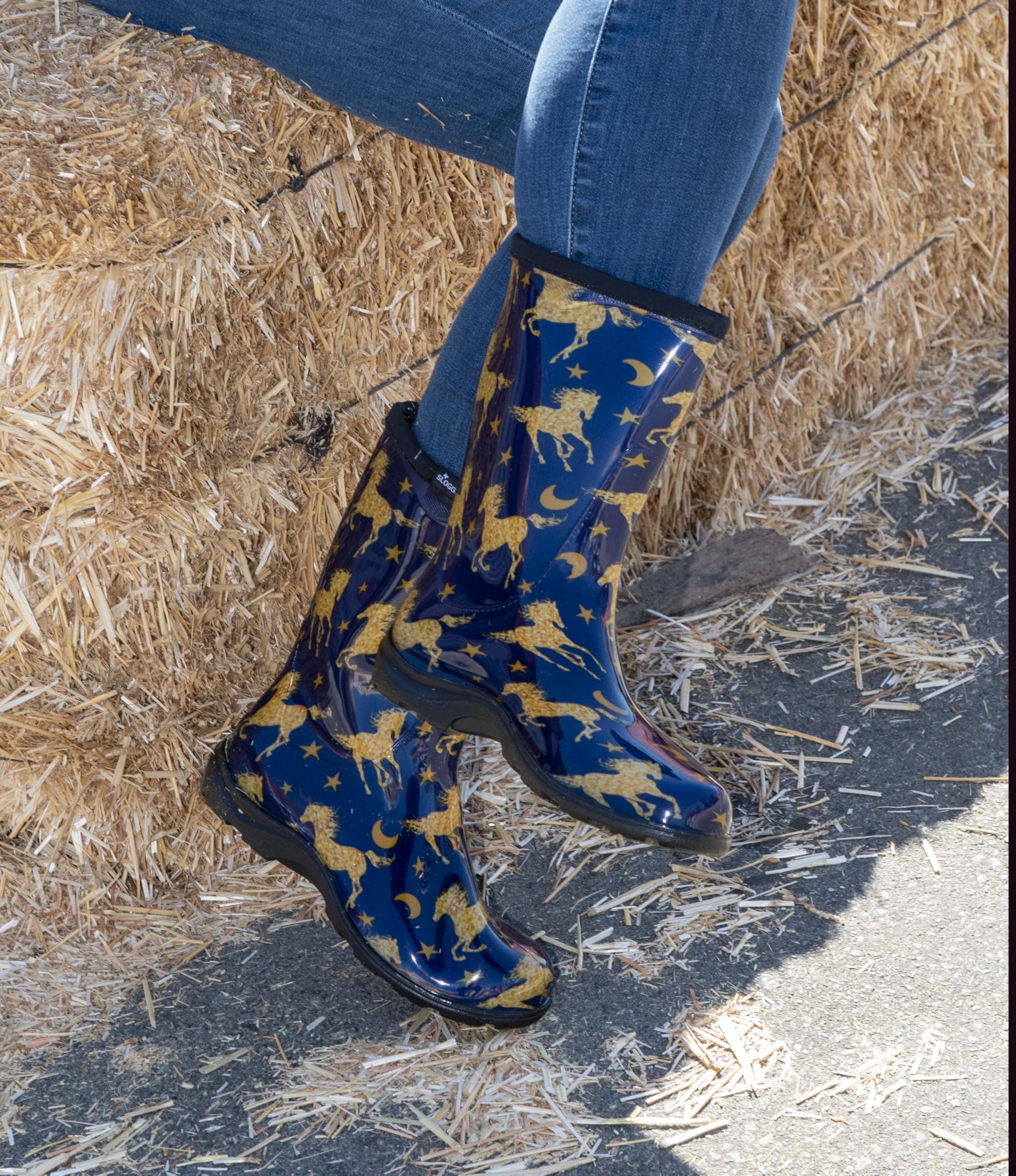 Sloggers Horse Stars Blue boot side profile highlighting mid-calf height for roomy fit