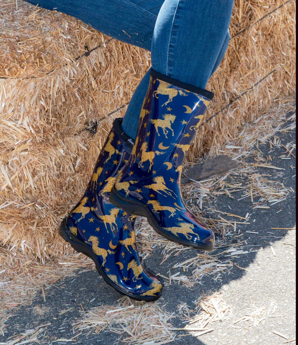 Sloggers Horse Stars Blue boot side profile highlighting mid-calf height for roomy fit