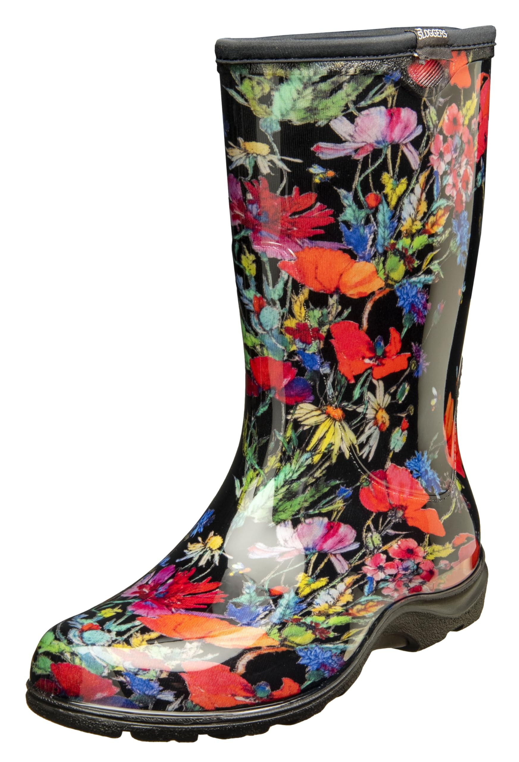 Sloggers in-fields-black-midcalf-side view shows durable waterproof boot for wet garden days.