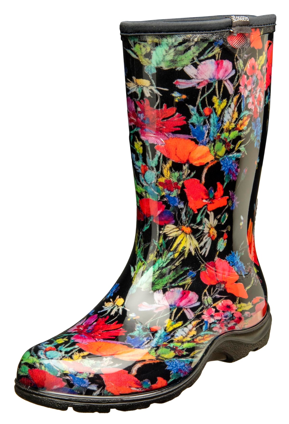 Sloggers in-fields-black-midcalf-side view shows durable waterproof boot for wet garden days.