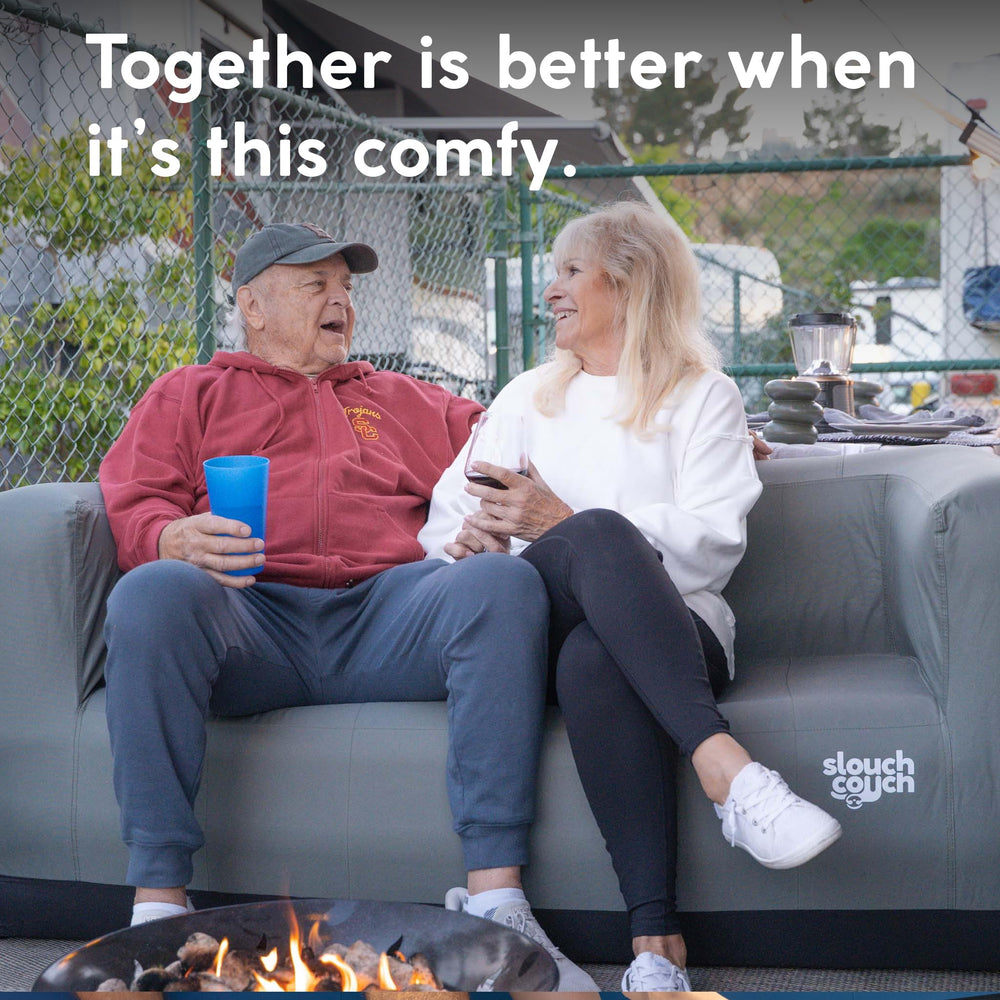 Slouch Couch air sofa demonstrates quick setup and versatile outdoor use.