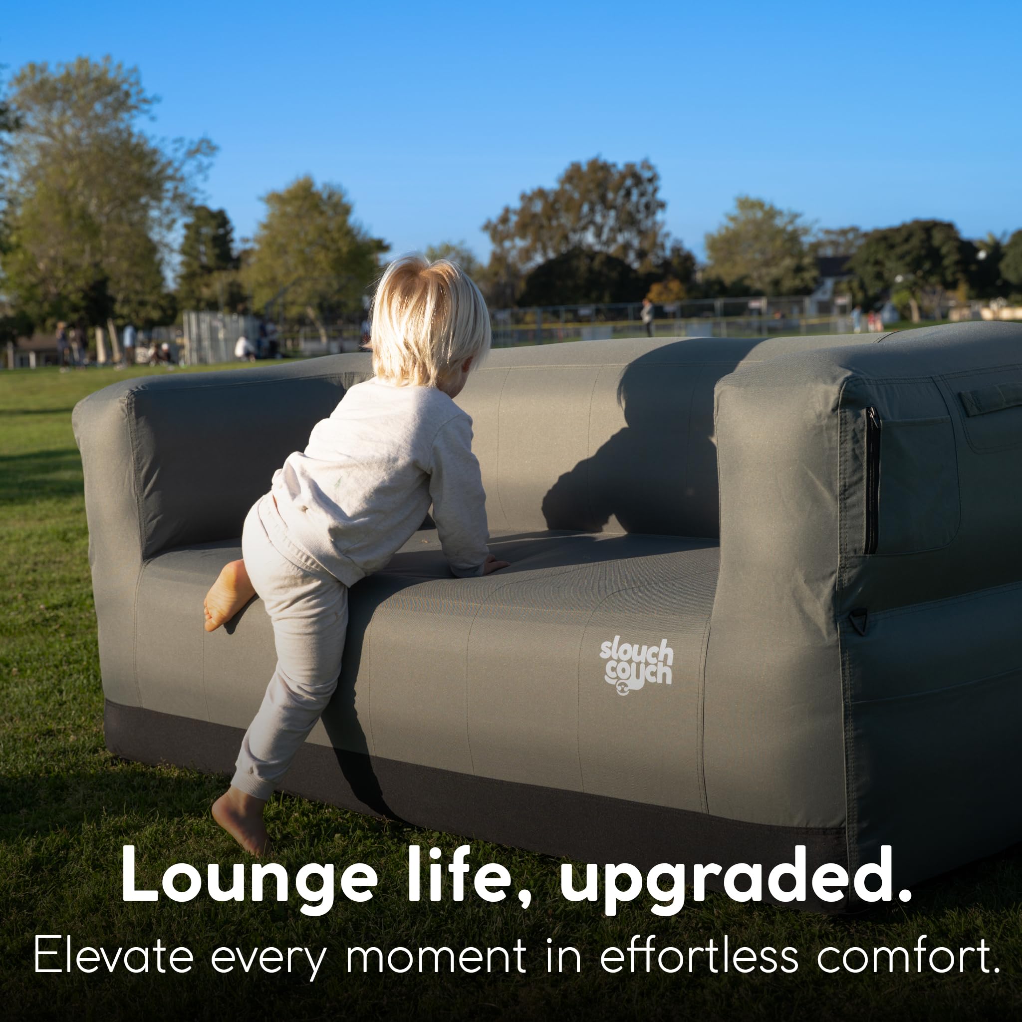 Slouch Couch air sofa ready for camping, beach, and home setups.