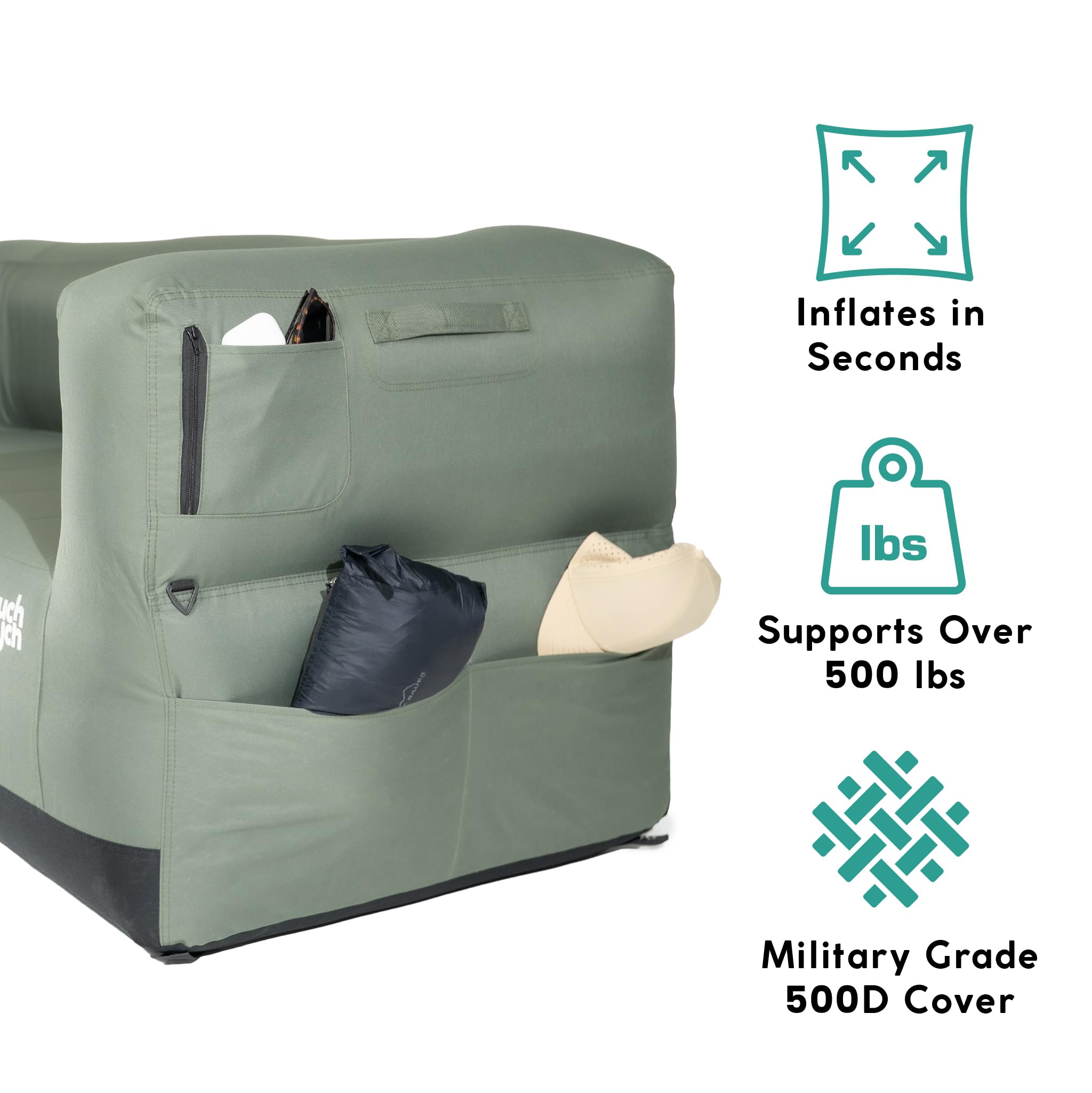 Slouch Couch air sofa with hidden cup holders for secure, spill-free drinks.