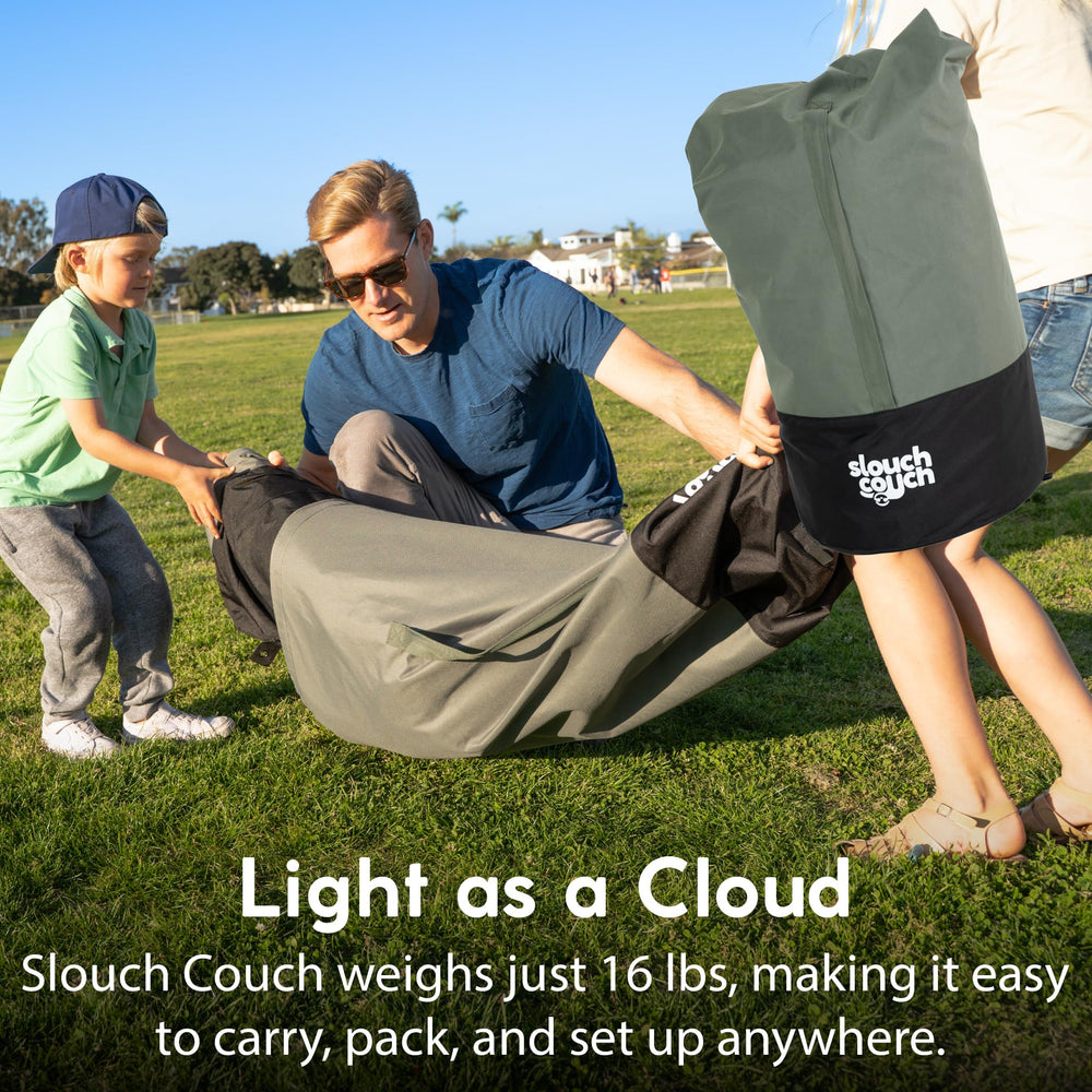 Slouch Couch air sofa uses high-performance fabric for durable, comfy seating.