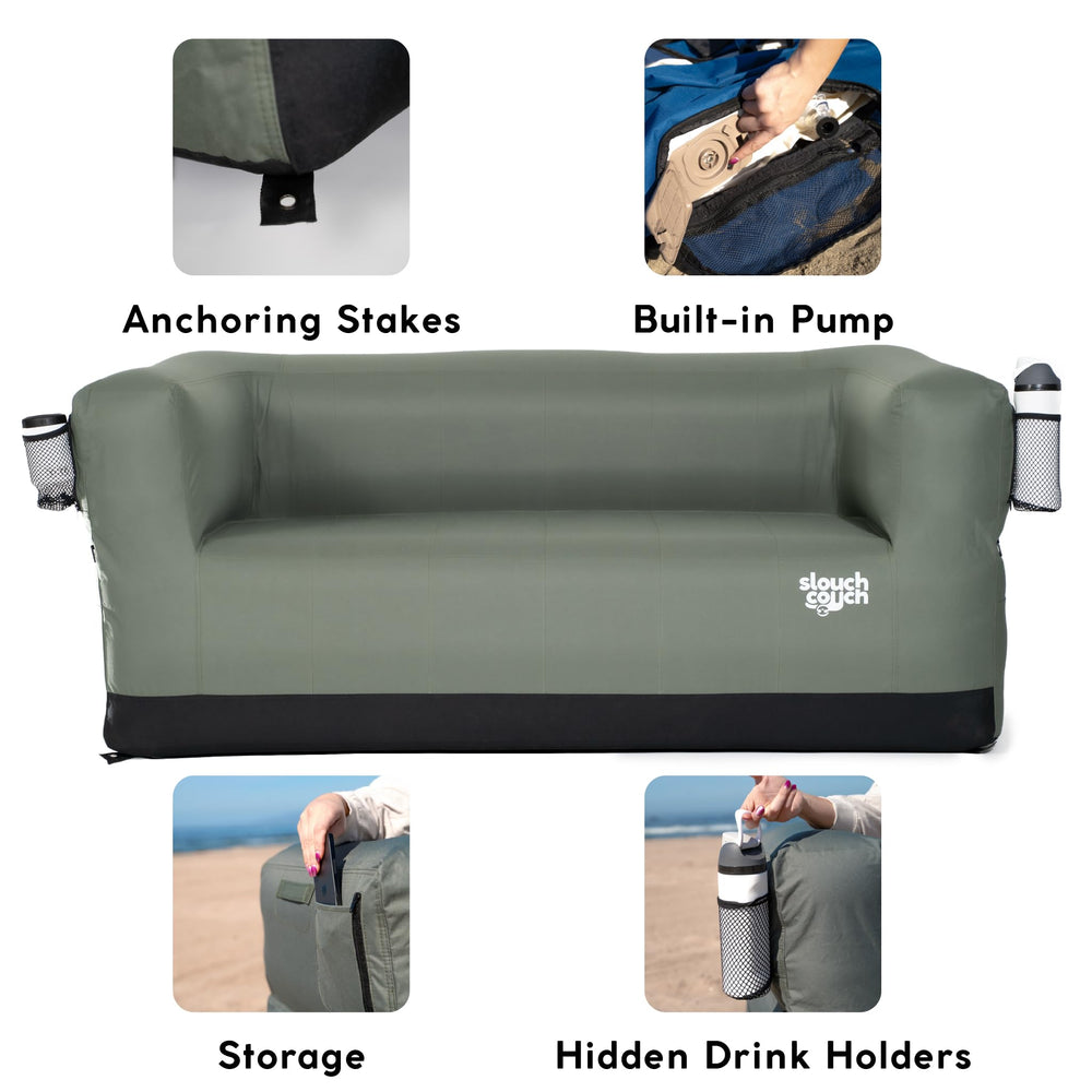 Slouch Couch air sofa with storage pockets to keep essentials handy.