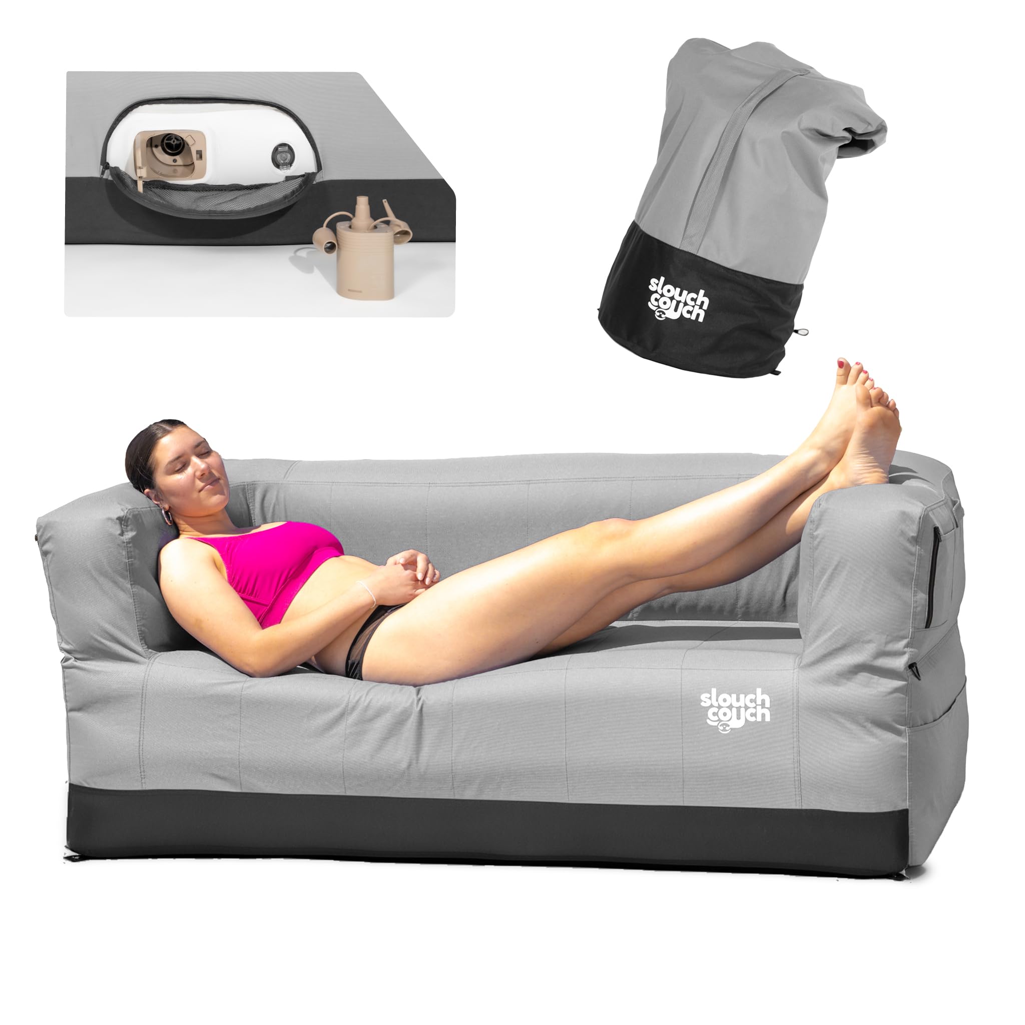 Slouch Couch inflatable with built-in pump for quick inflation and comfort.