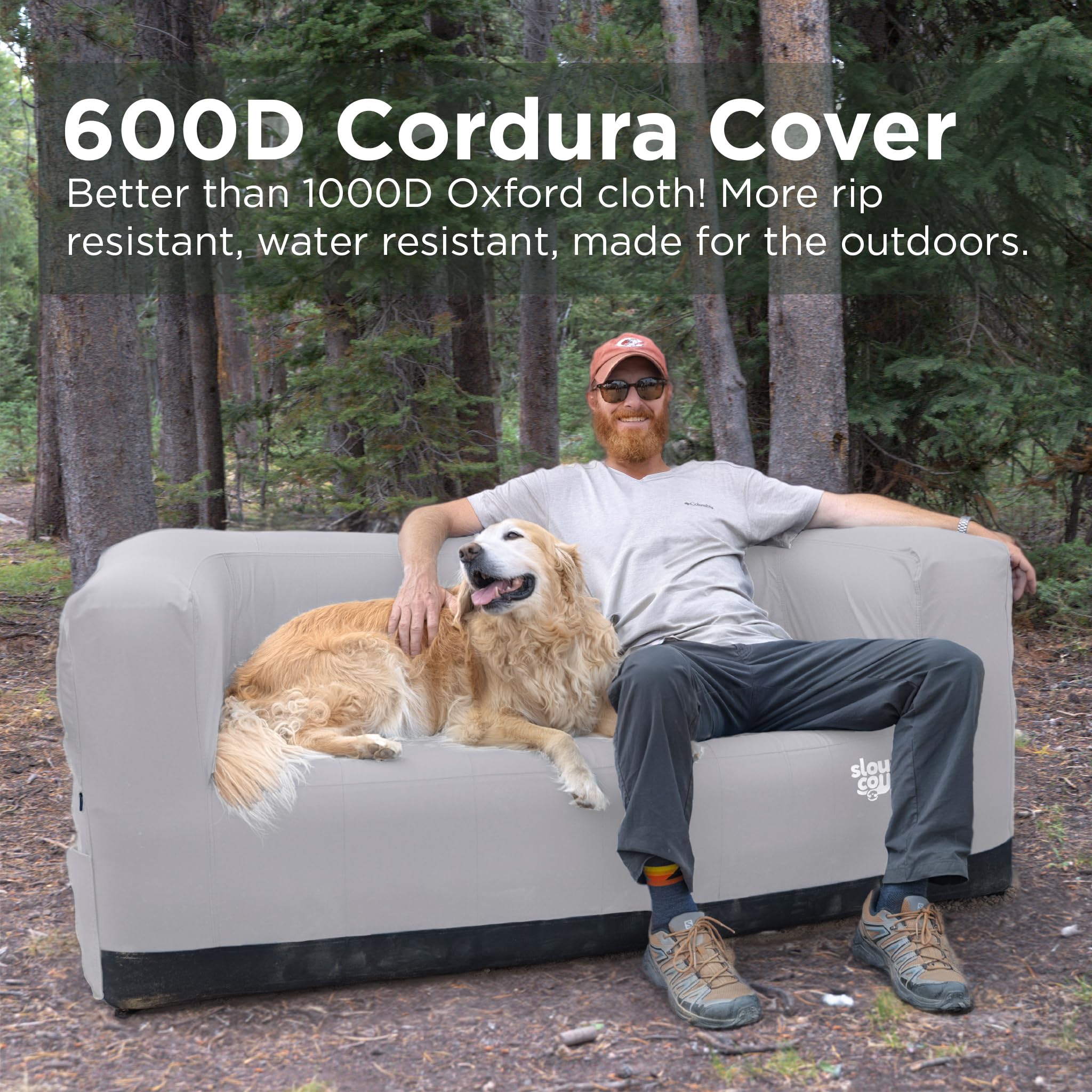 Slouch Couch shown in a camping or beach setup for portable comfort.