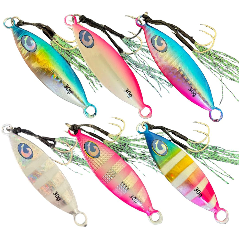 Close-up of vibrant glow stripe and patterns on micro slow pitch jig