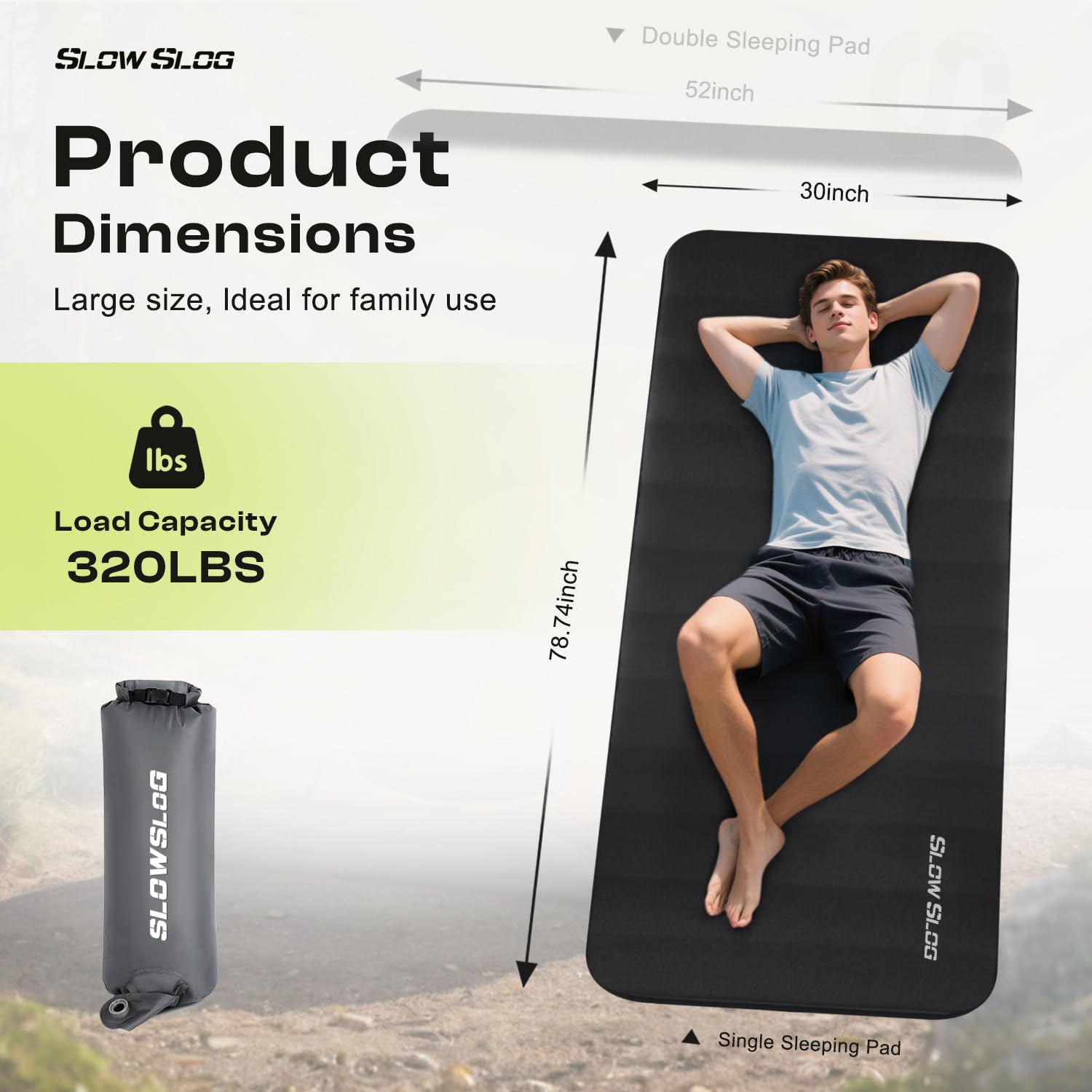 Slow Slog four-inch foam sleeping pad supports heavy users with durable, plush cushioning.