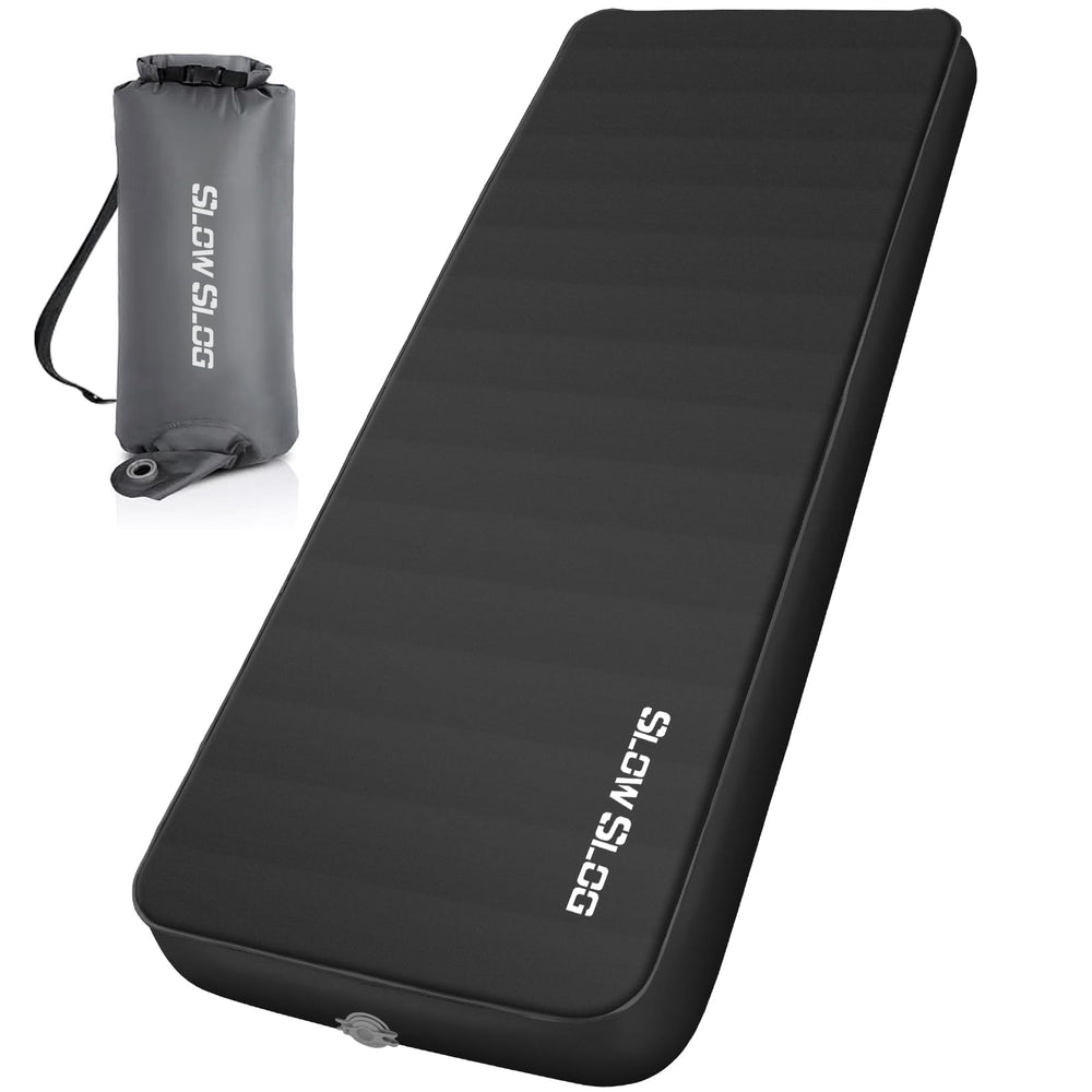 Slow Slog self-inflating mat with pump sack enables quick, effortless setup on camping trips.