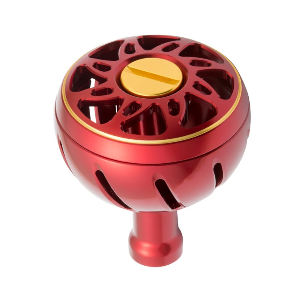 SLPWORKS Daiwa handle knob red close-up shows lightweight hollow design for smooth reel upgrades.