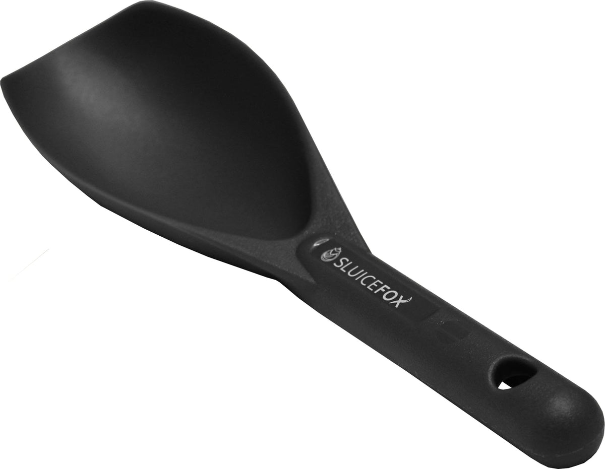 Sluice Fox paydirt scoop in black for fast dirt transfer into a pan