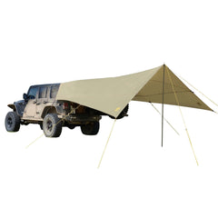 Slumberjack Roadhouse Tarp A-frame setup with vehicle attachment for versatile shelter.