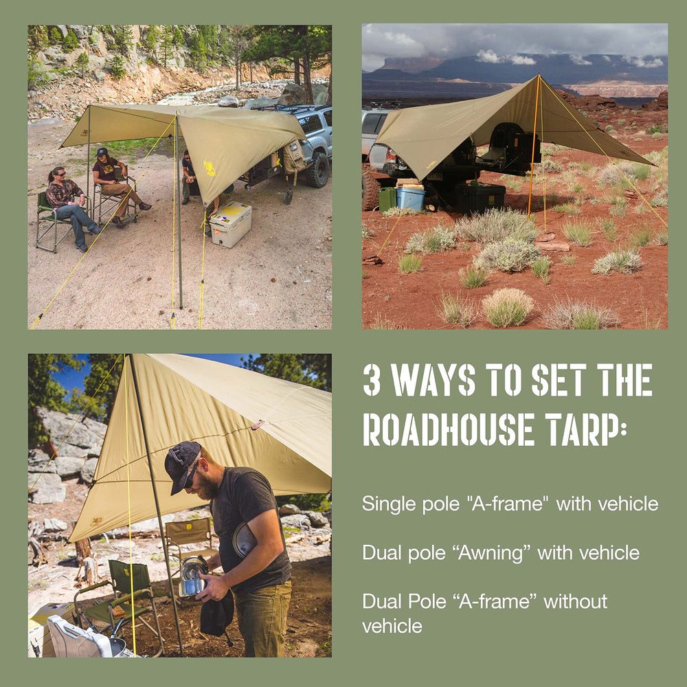 Slumberjack Roadhouse Tarp dual-pole awning with vehicle provides shade and rain protection.