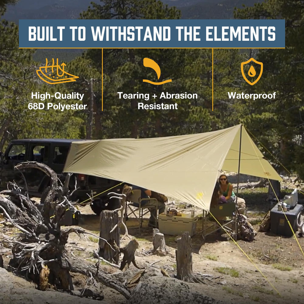 Slumberjack Roadhouse Tarp versatile three-setup options for vehicle or standalone use.