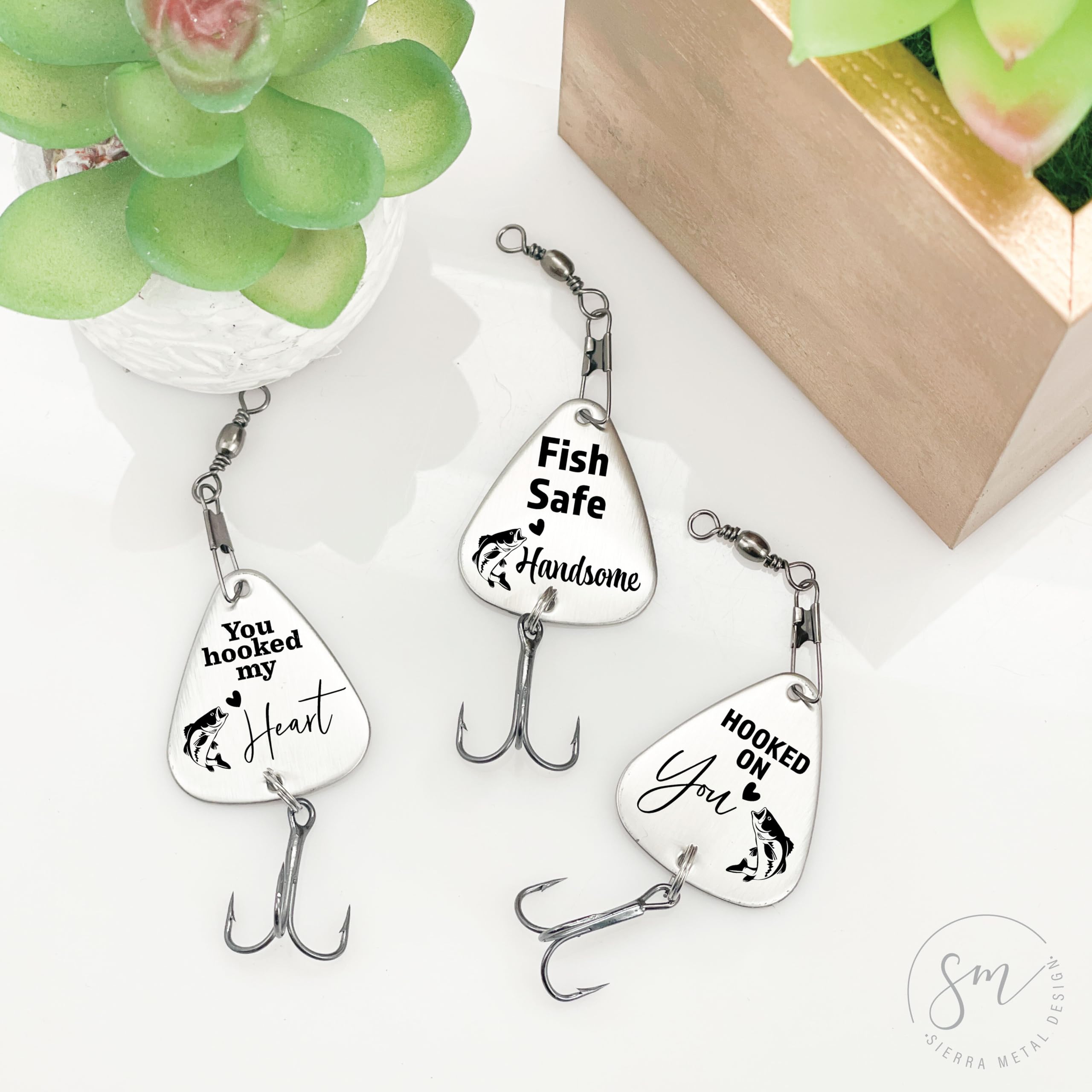 SM Design for Him fishing lures image highlights Hooked on You design for celebrating love