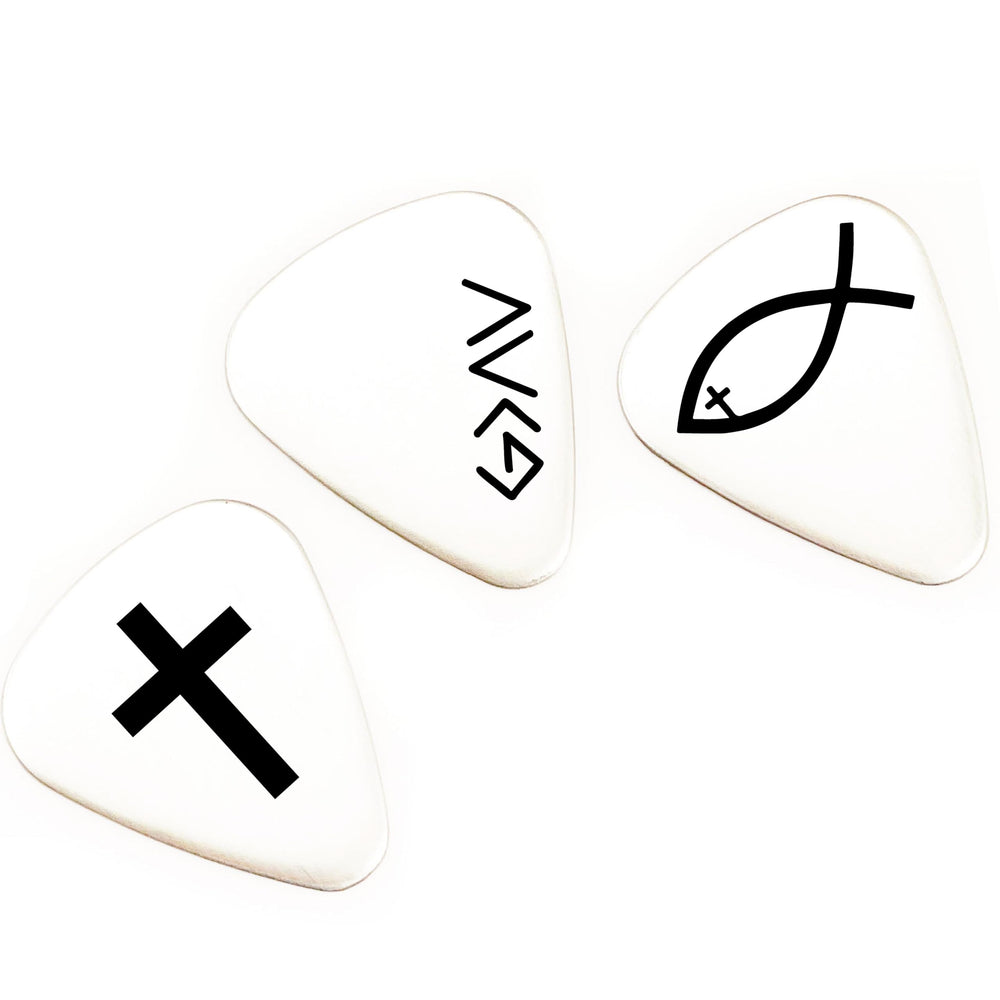 SM Design set of 3 guitar picks close-up shows durable stainless steel finish.