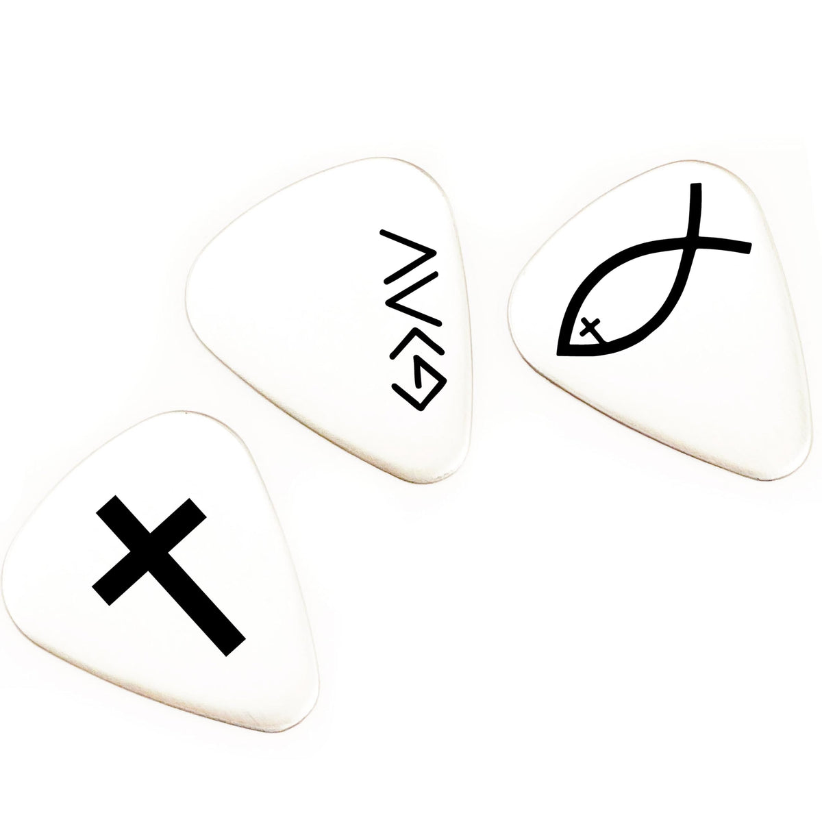 SM Design set of 3 guitar picks close-up shows durable stainless steel finish.