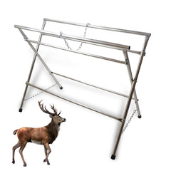 Smarkey deer processing rack assembled demonstrates adjustable height for field dressing.