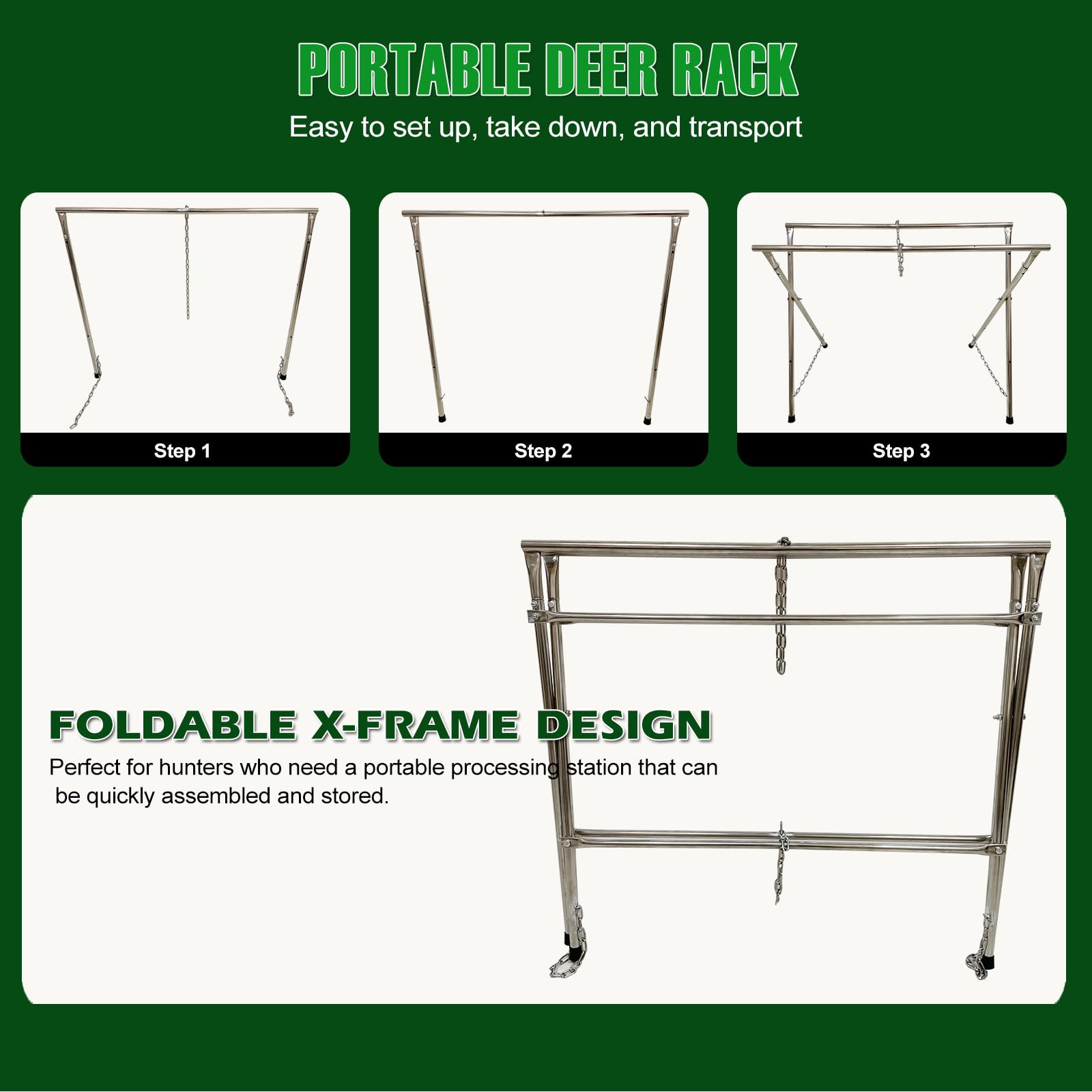 Smarkey deer processing rack demonstrates quick-assembly with included hardware.