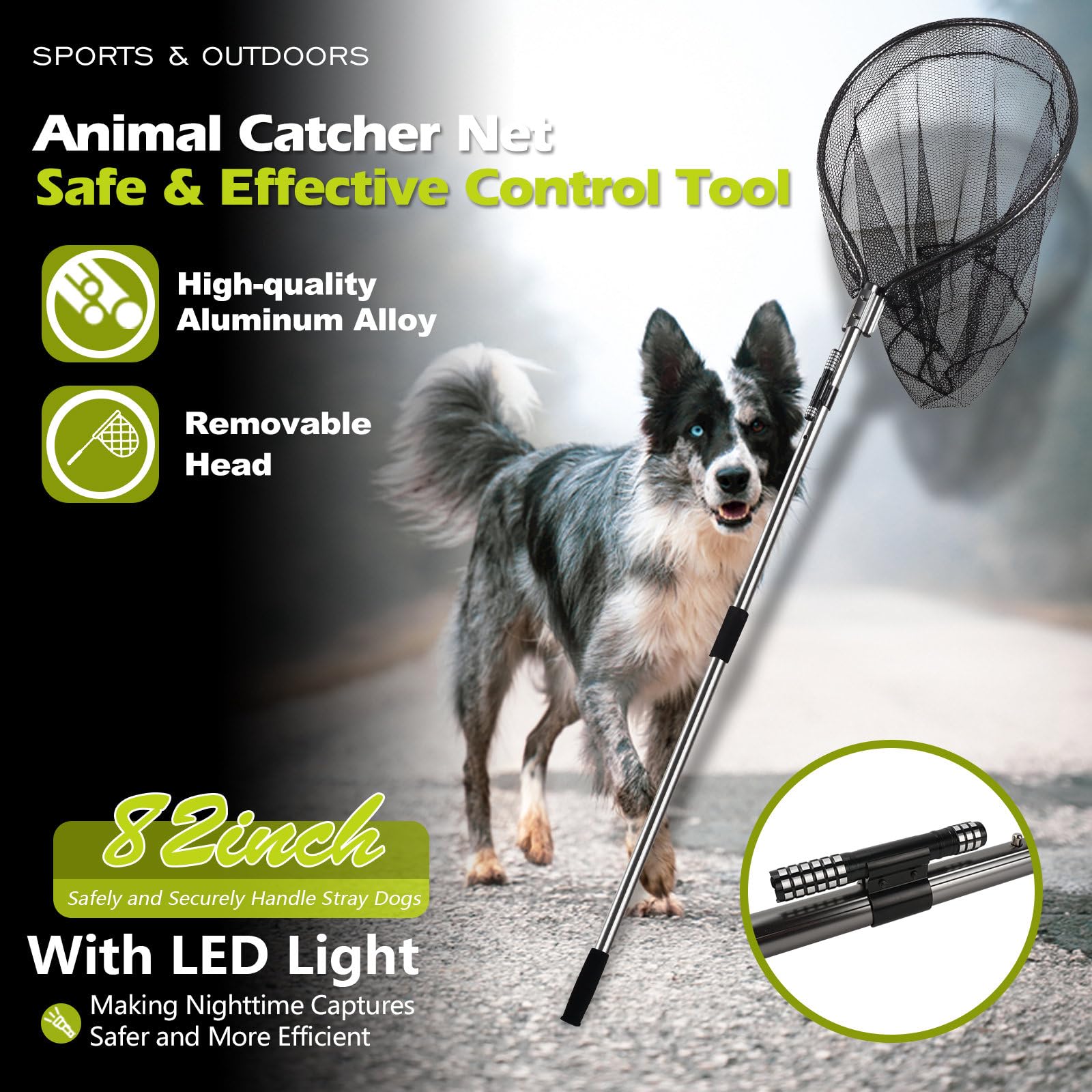 Dog catching net with built-in LED light for night operation