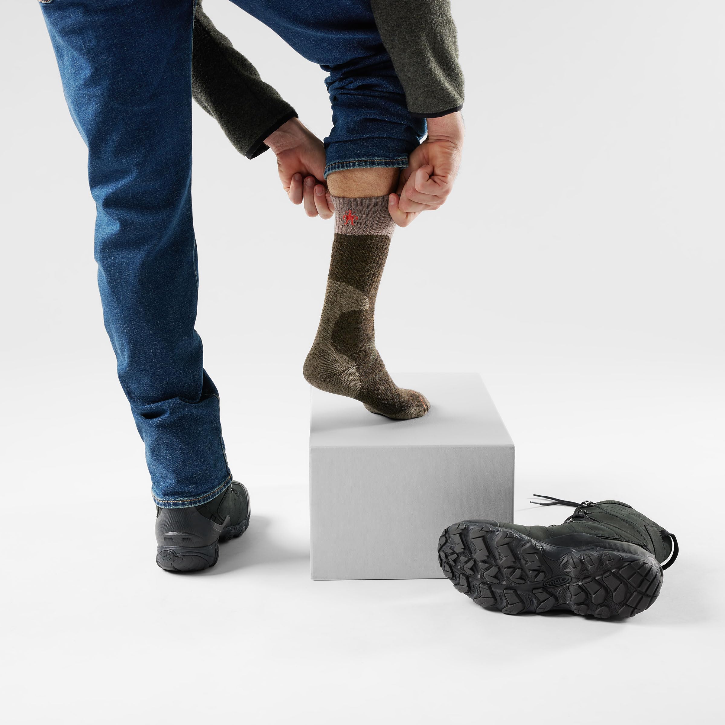 Smartwool Hunt Full Cushion Tall Crew military olive worn with boots for all-day comfort