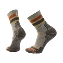 Smartwool mens hike light cushion striped mid crew sock in taupe/natural marl—breathable comfort for hiking