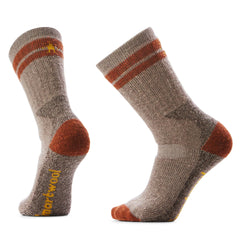 Smartwool Mountaineer maximum cushion tall crew socks in Fossil color highlight warm, cushioned comfort for cold-weather hikes.