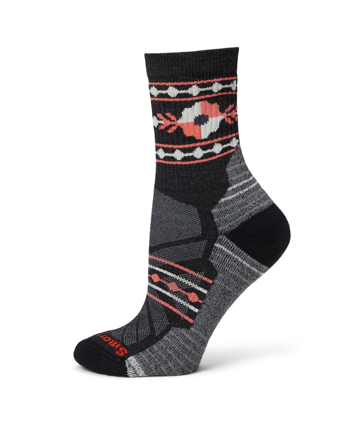 Smartwool women's hike socks front view shows retro floral design with cushion and breathable mesh for cold-weather hikes.