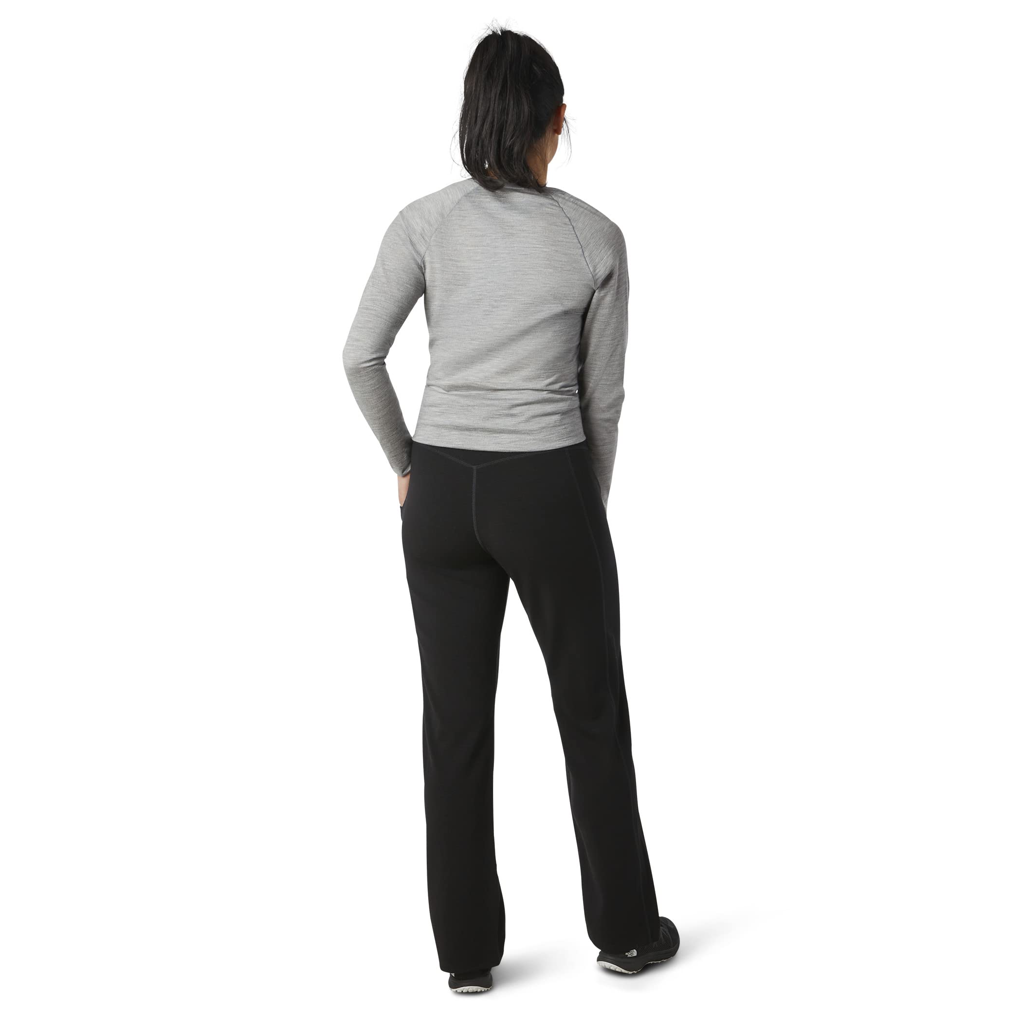 Smartwool women's straight leg pant in black, side view reveals clean lines for work.
