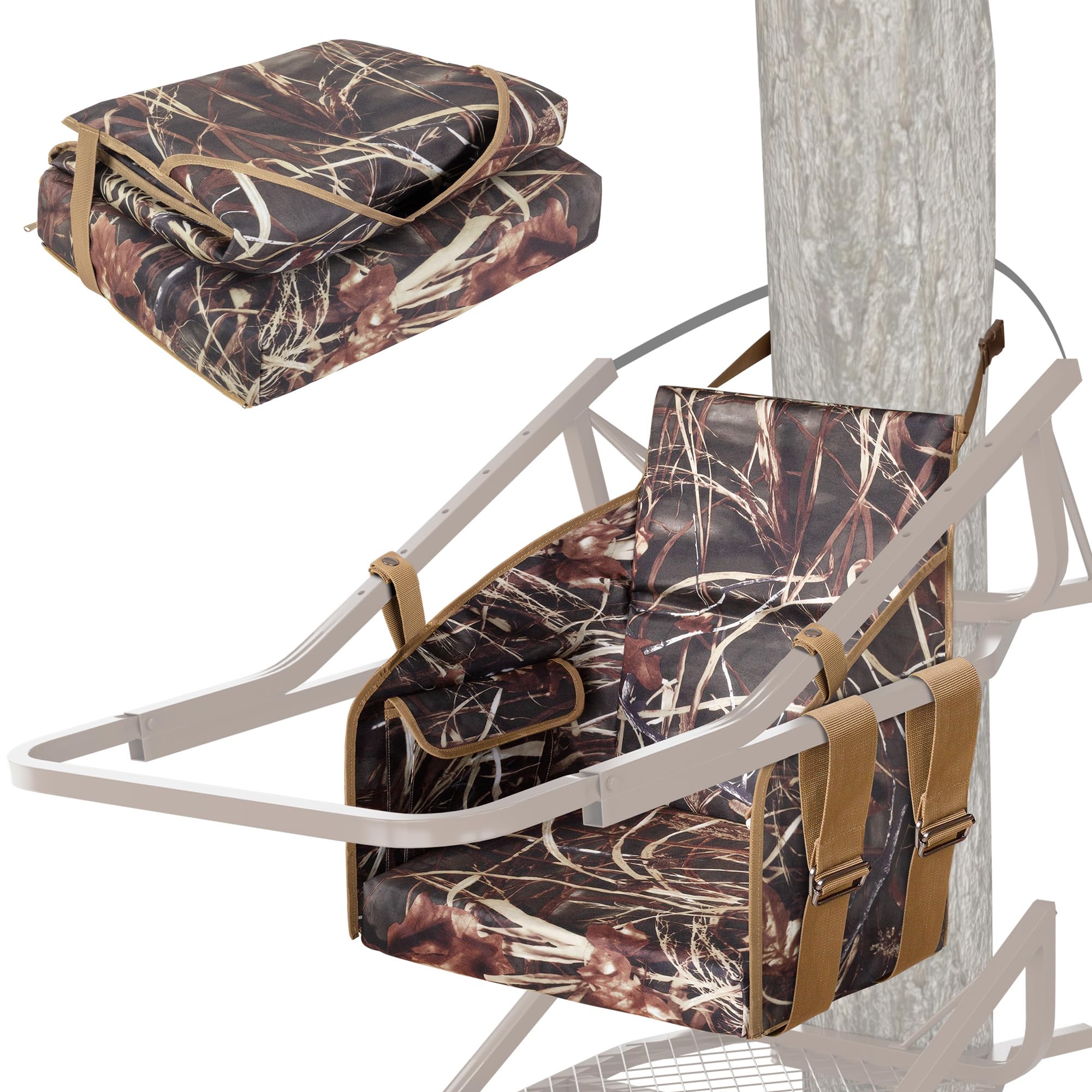 Smasrob tree stand seat camouflage showcases concealment for stealth outdoor positioning.