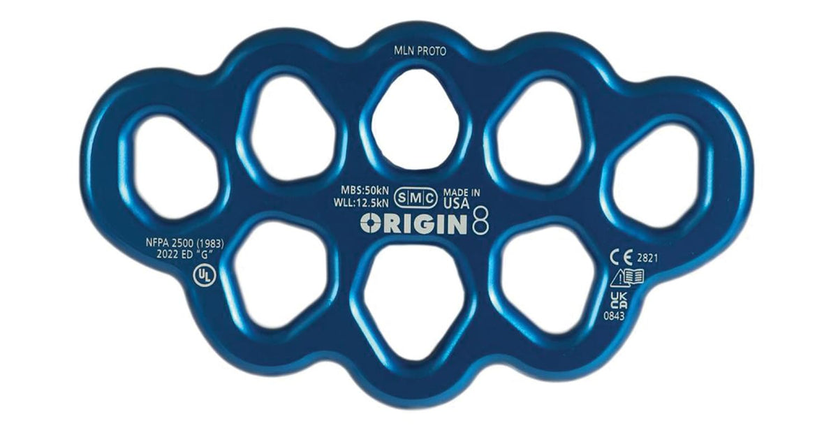 SMC Origin 8 rigging plate in blue showing multiple attachment points for secure load distribution