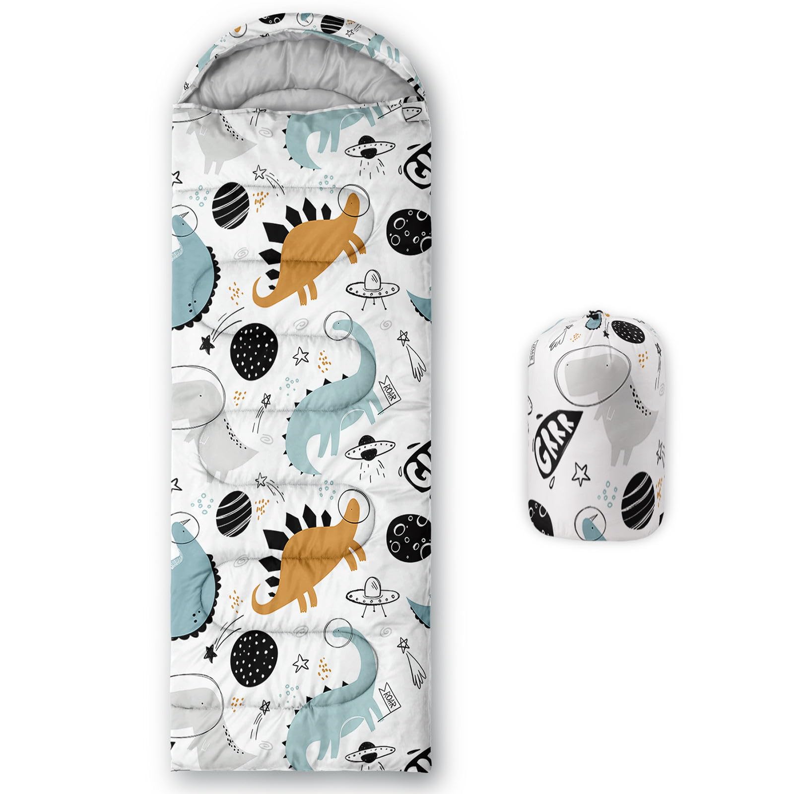 Smell Sunshine kids sleeping bag with Planet Dinosaurs print, ideal for family camping trips.