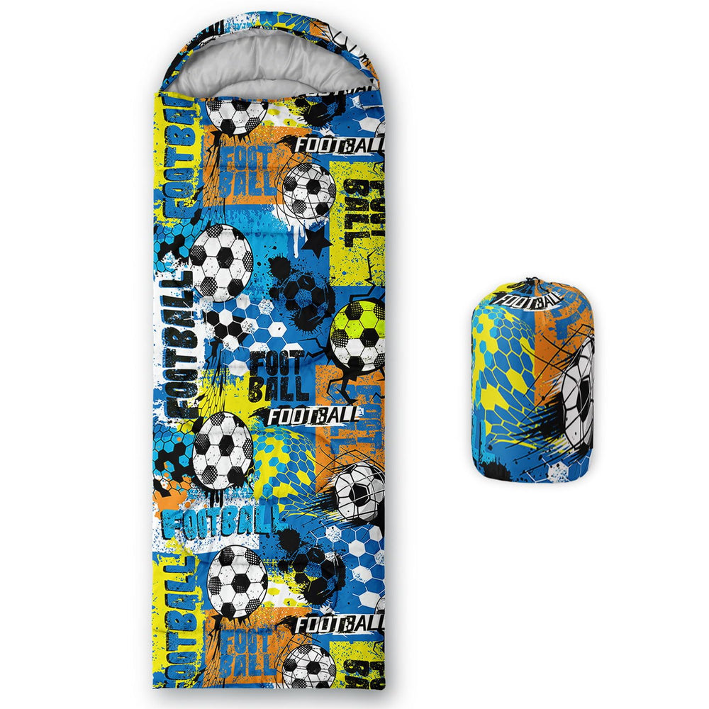 Smell Sunshine kids sleeping bag soccer print closeup for camping warmth