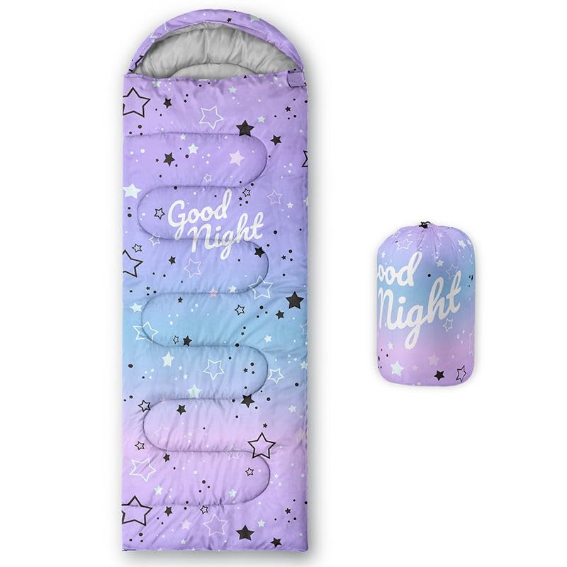 Smell Sunshine kids sleeping bag stars purple, ideal for outdoor camping warmth and comfort.