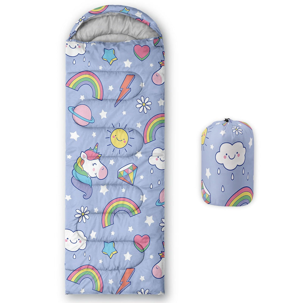 Smell Sunshine kids sleeping bag unicorn print keeps kids cozy on outdoor adventures.