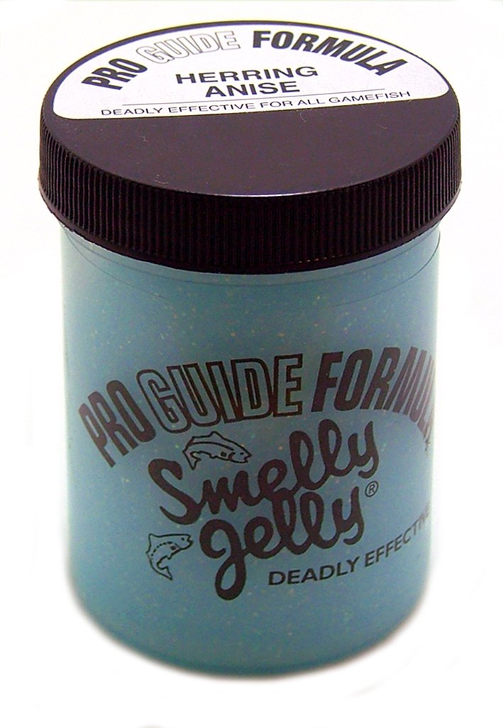 Smelly Jelly Pro Guide herring-anises 4oz jar attracts bass with long-lasting scent.